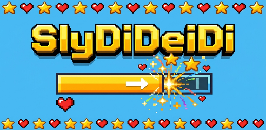 SlyDiDeiDi: goldener Schriftzug, ein gelber Balken sowie Sterne und Herzen